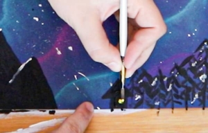 Peinture d'un enfant d'un chalet à la montagne